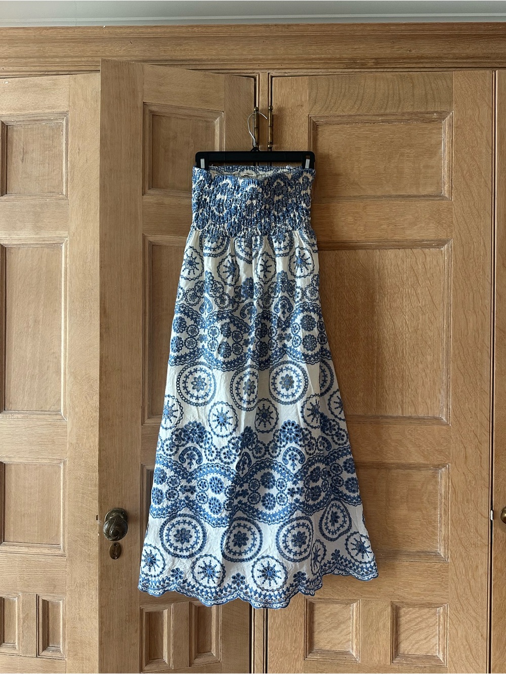 Smocked Waist Blue and White Maxi Dress